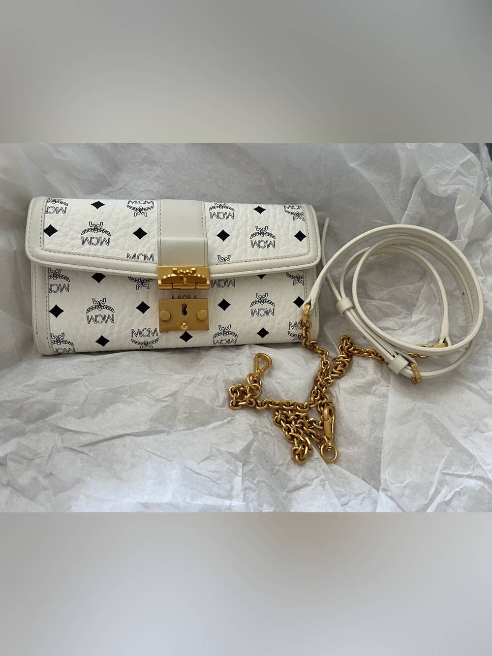 MCM White Visetos  Crossbody Purse Wallet Bag excellent